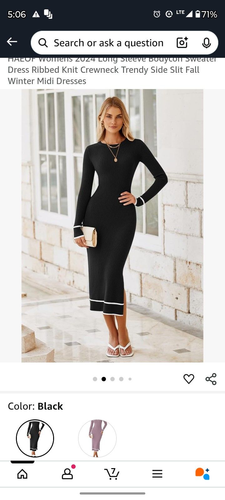 HAEOF Womens 2024 Long Sleeve Bodycon Sweater Dress Ribbed Knit Crewneck Trendy Side Slit Fall Winter Midi Dresses
