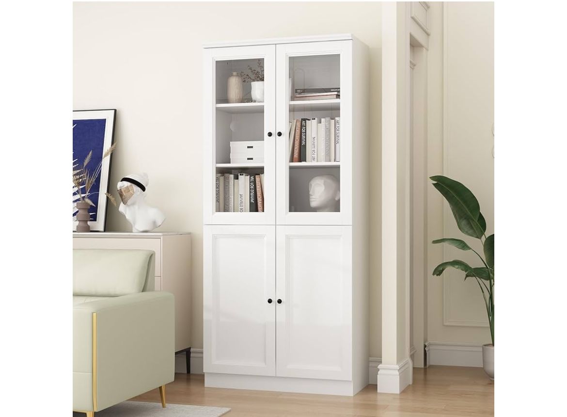 😀 5 Tiers Tall Bookshelf with Glass Doors, Wooden Bookcase Display Cabinet with Adjustable Shelf, Modern Storage Cabinet