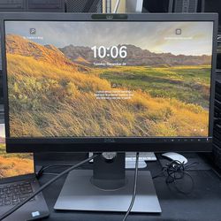 Dell Monitor Model P2418HZm, has webcam and speaker, HDMI, VGA, DP Ports , Multiple available Comes with Power cable and USB A to USB B cable.  Price 