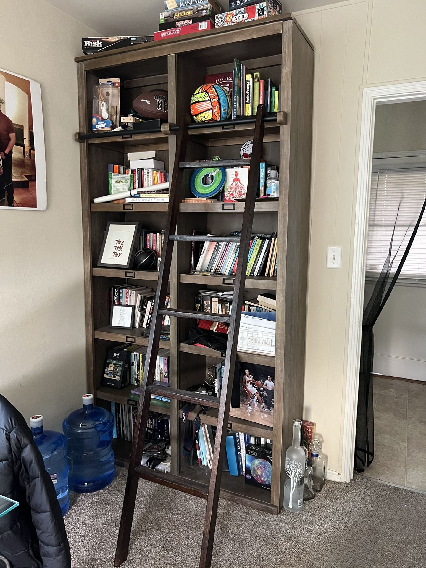 Augustus Roasted Cocoa Wood Library Bookshelf With ladder