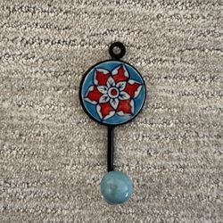 Round Floral / Geometric Light Blue and Red Ceramic Wall Hook