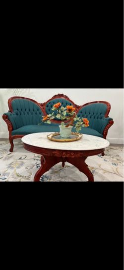 Antique Original Authentic Victorian Carved Mahogany Sofa Set With 2 Marble Top Tables