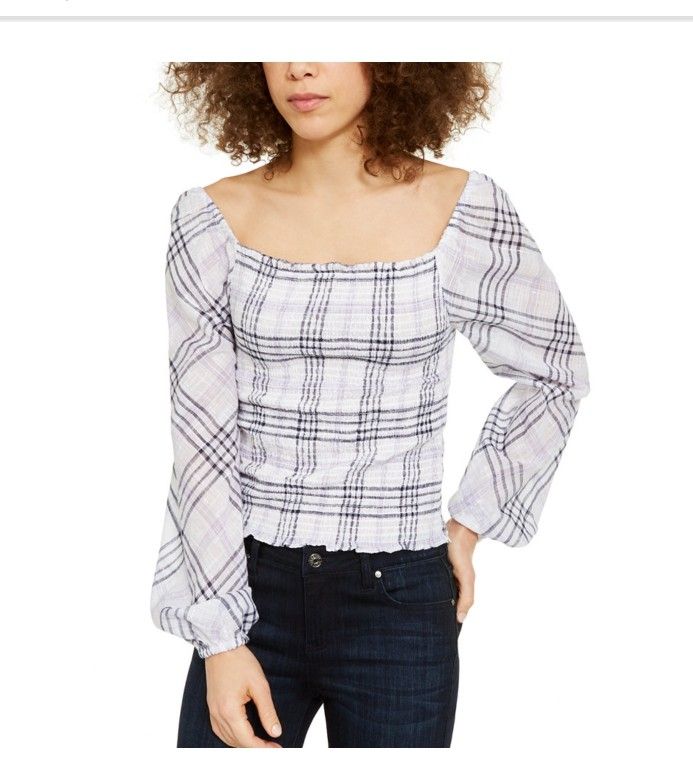 Inc Plaid Smocked-bodice Top Size Small 