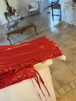 Hot Red latex Dress Strapped Up Corset 