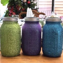 Green Purple Teal GLITTER holiday Mason Jars