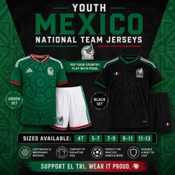 New! 🔥 Youth Mexico National Team Jersey Sets sizes  16-28 (2T to 14-16yr)olds Green and Black Sets