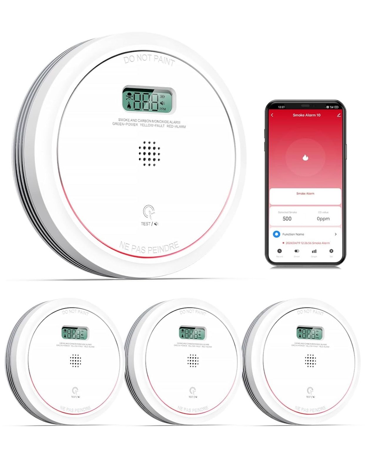 Wi-Fi Smoke Detector Carbon Monoxide Detector Combo with Replaceable Battery, Smart Smoke and CO Detector with LCD Display, 4 Packs