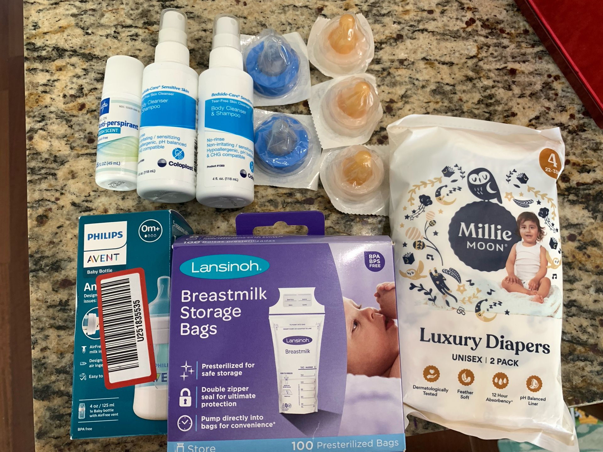 Breast milk bags, bottle, nipples and shampoo