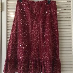 Lovely TIE and DYE BANDHINI print red skirt with sequins. Boho chic. JUNIORS 3/4
