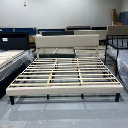 M-New King Size Upholstered Platform Bed Frame Modern Fabric Headboard Sturdy Metal Frame and Wooden Slats for Double Support Non Slip Noise Free No B