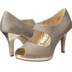 New Women's Bandolino Gold Dress Pumps Heels Startview Shoes Sparkle Zipper Size 6 
