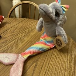 Petting Zoo Dolphin Mermaid Rainbow Plush Tail Big Eyes Long Eyelashes Approx 18"