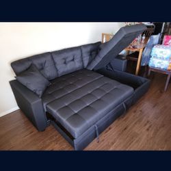 Brand New Sofa Pull Out Bed  Storage Chaise Black Fabric $525 FREE LOCAL DELIVERY & SET UP ORDER HERE PAY UPON DELIVERY LITTLE SHOWROOM  ITEM NOT IN S