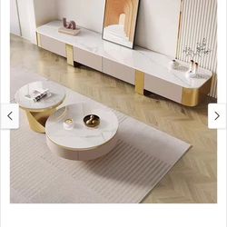 78.7'' Modern TV Stands, White Glossy sintered stone top, gold legs, 4 Drawers - 78.74