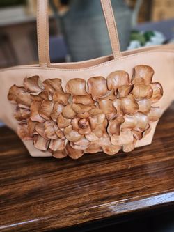 Paolo Masi Tote Bag 3D Flower Leather panel Canvas Coral Made in Italy
