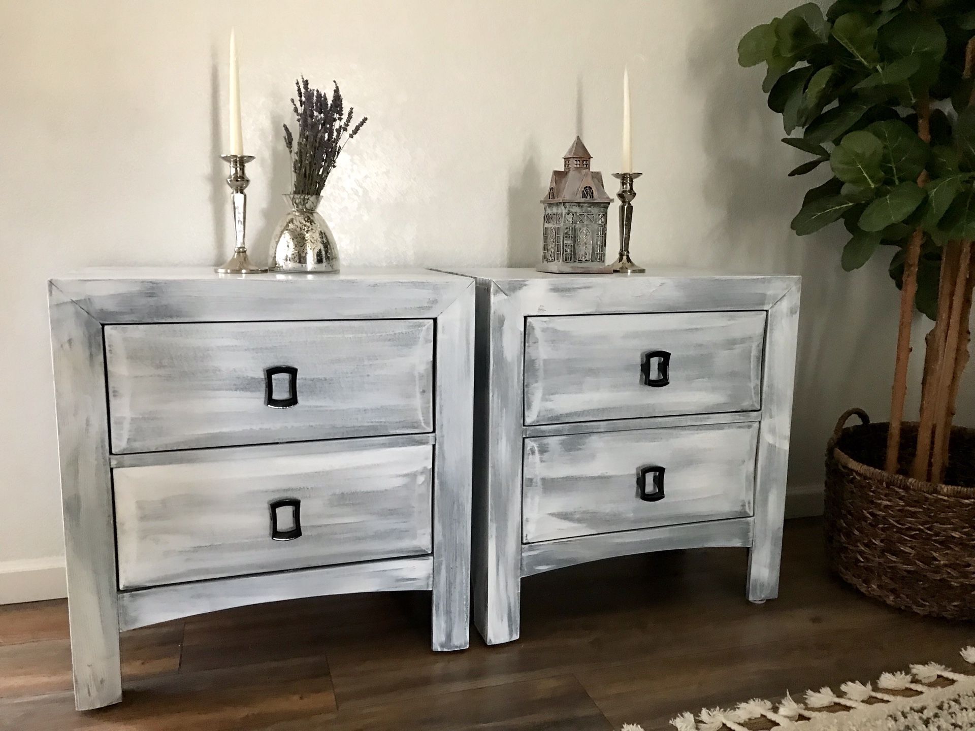 Refinished distressed look gray and white nightstands / end tables