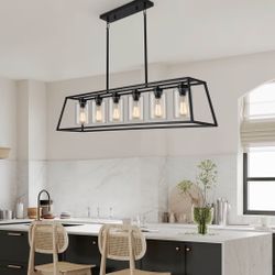 Dining Room/ Kitchen Black Farmhouse 6-Light Cylinder Clear Glass Rectangle Chandelier