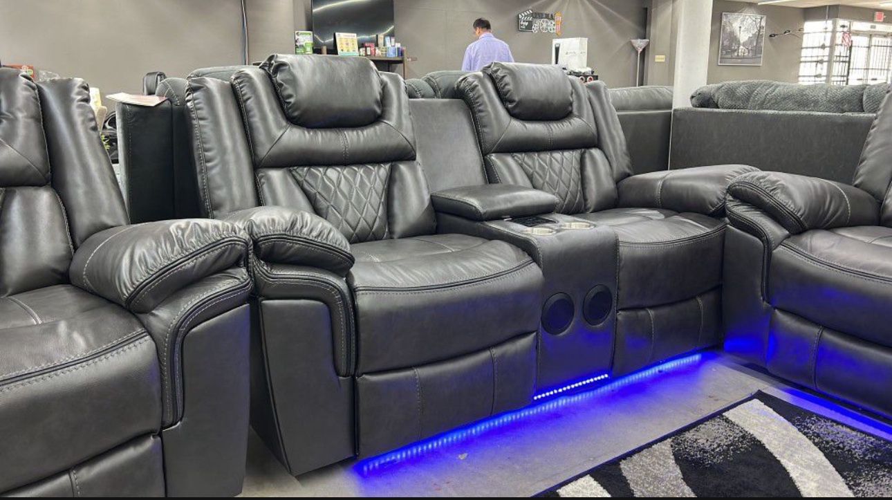 NEW GREY ALEXIA POWER RECLINING SOFA AND LOVESEAT WITH CHAIR INCLUDING BLUETOOTH SPEAKERS LED LIGHTS USB PORTS 