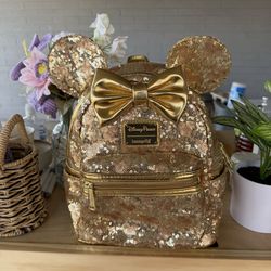 Loungefly Disney Minnie Mouse Gold Sequin & Bow Mini Backpack