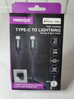 NEW, PowerXcel TYPE-C TO LIGHTNING Charge & SYNC cable. 4ft