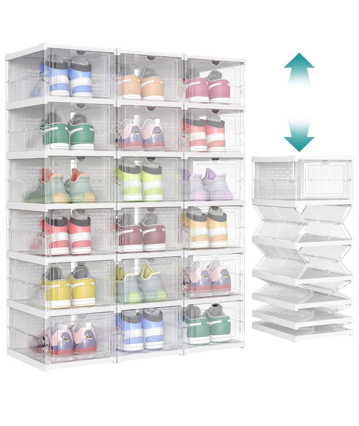 Foldable Shoe Rack, Pack of 18 Stackable Shoe Storage Organizer, Set of 3 Integrated Shoe Cabinets, Portable, Fit up to US size 13, 60s Assembly, Tran