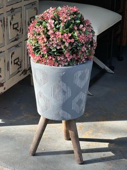 Grey Geometric Planter 10d 17h with Wooden Tripod Stand and Artificial Pink Topiary Ball
