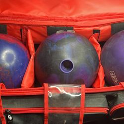 3 Bowling Balls At 14Lbs Drilled With Roller Bag. 