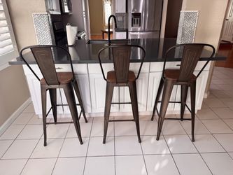 Set of 3 Metal Bar Stools with Wood Seats