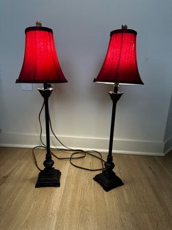 Set of 2 Tall Table Lamps w/ Burgundy Shades – $20