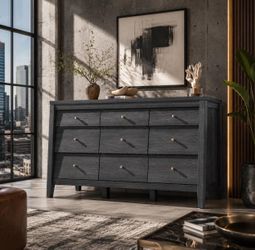 59" Wide Wood Chest of 9 Drawers with Charging Station. Black