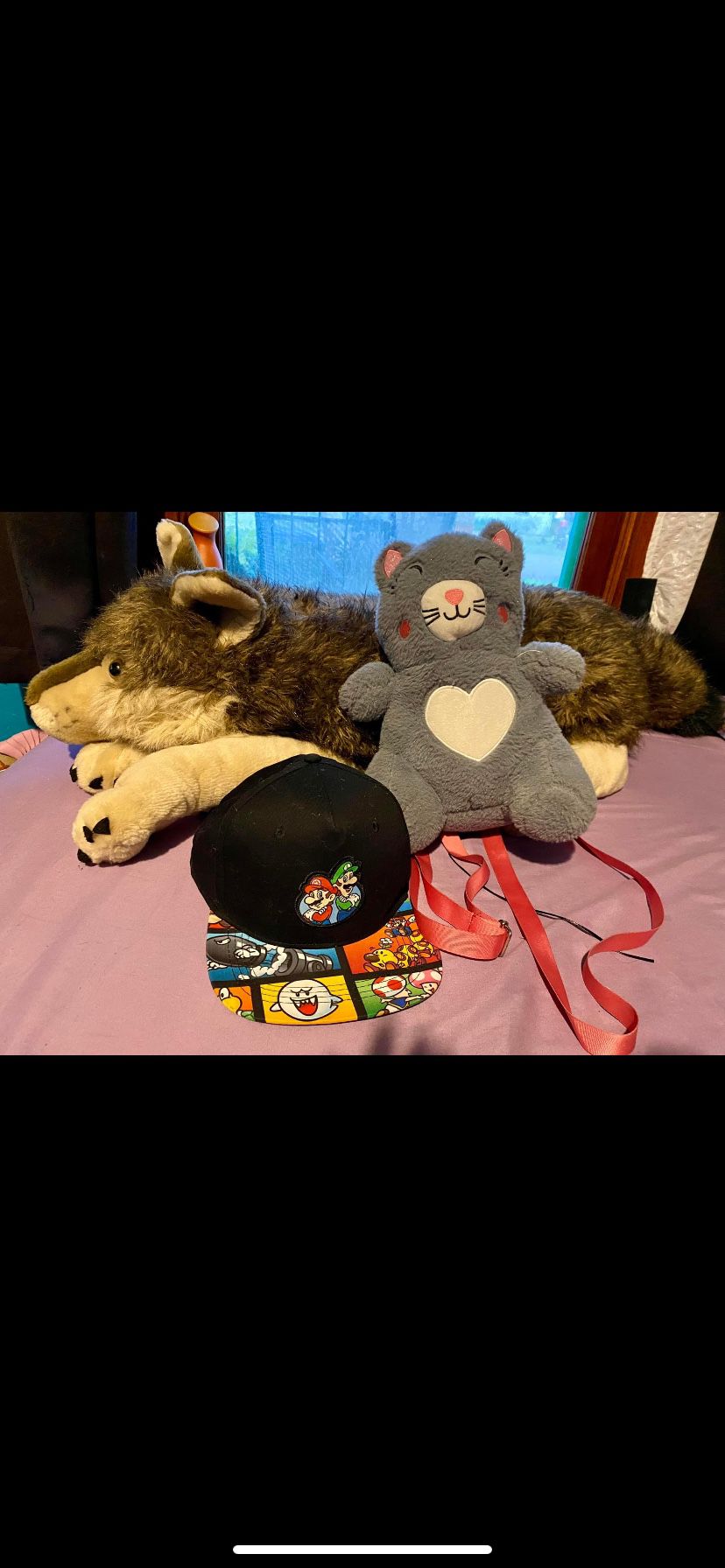 Giant Wolf Plushie $10/ Cat Backpack $5/ Mario Hat $3