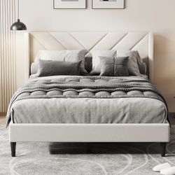 Queen Bed Frame Upholstered Platform Bed with Wingback Headboard, Sturdy Wooden Slats Support, Noise-Free Mattress Foundation, No Box Sprin