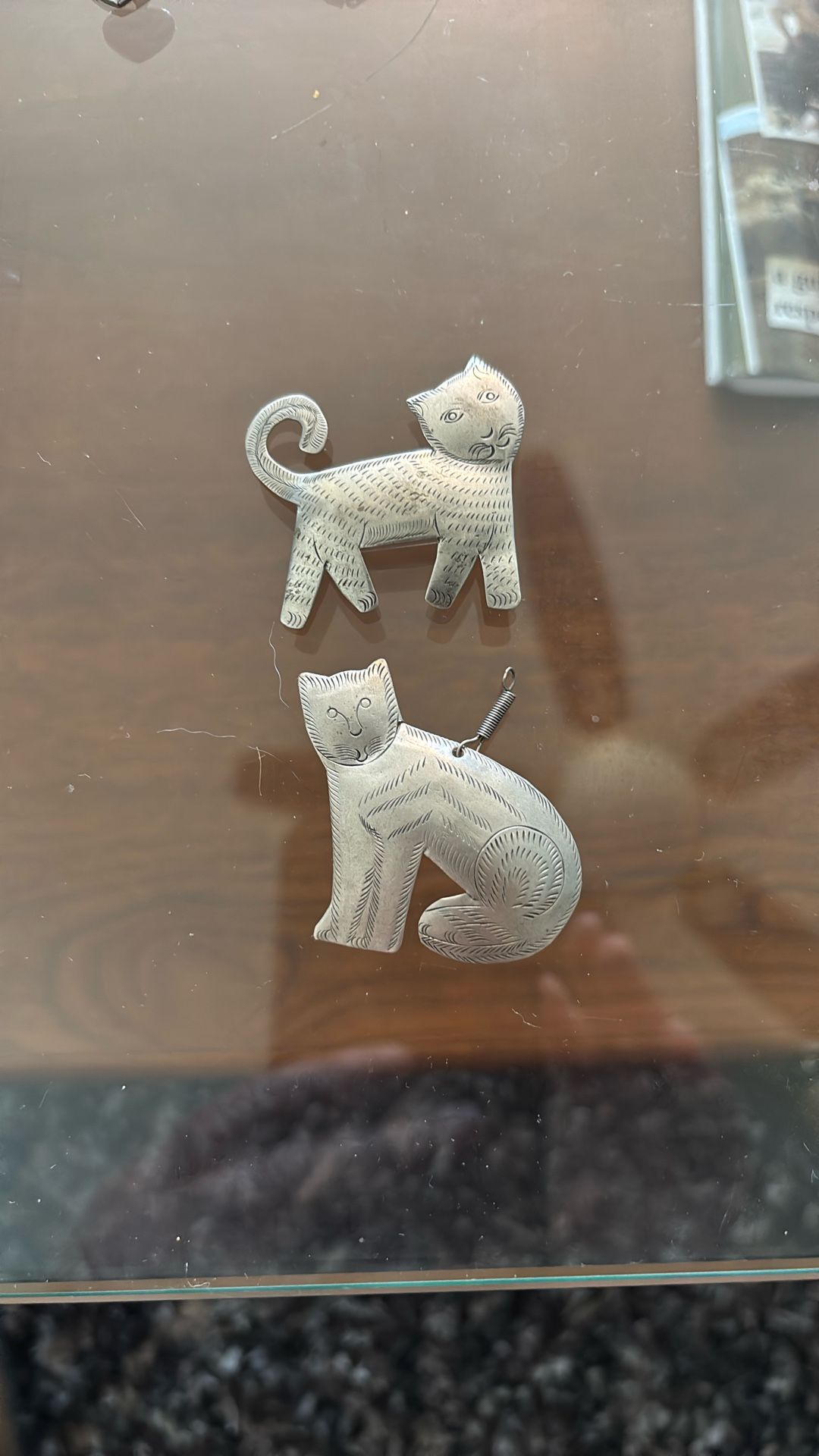 Cat Etched Vintage Silver Brooch/Pin And Pendant