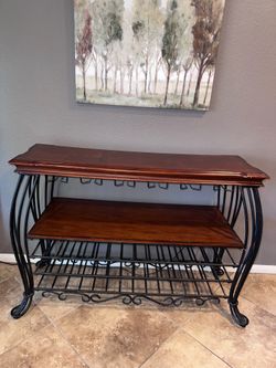 Wood & Metal Wine Rack Console Table with Stemware Glass Holder