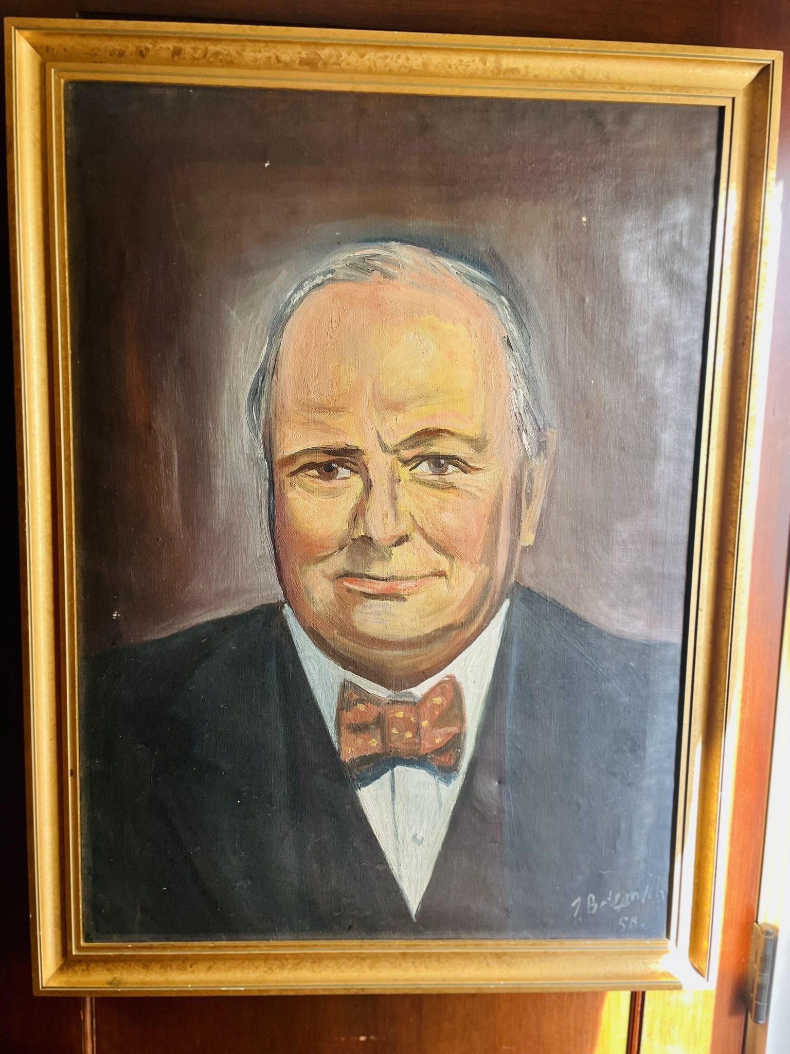 Signed Mid Century Painted Portrait Of Sir Winston Churchill