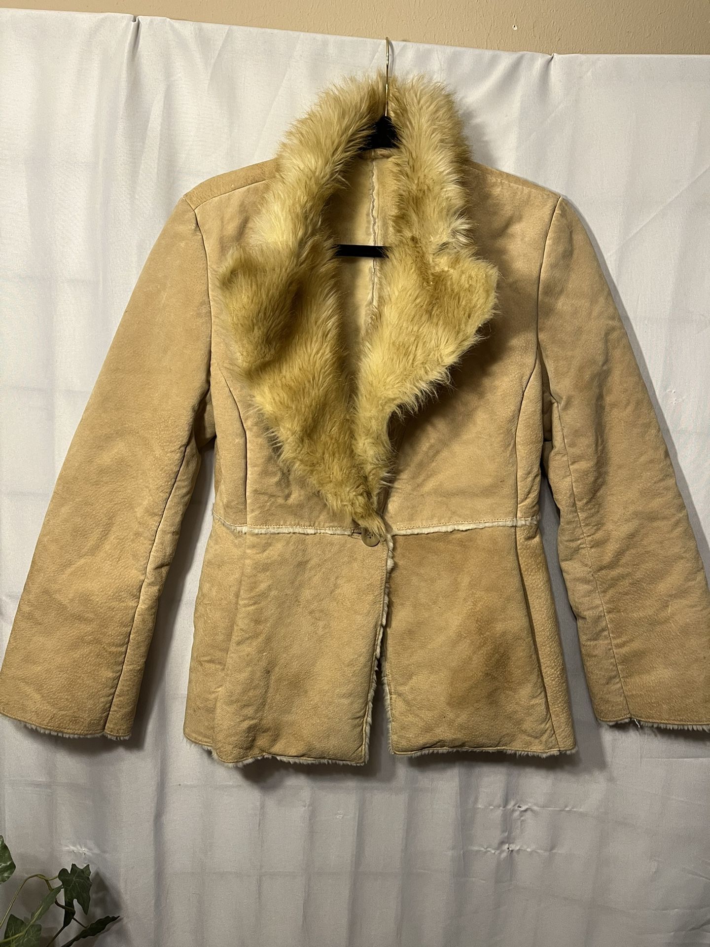 New York & Company Faux Fur Tan Leather Jacket