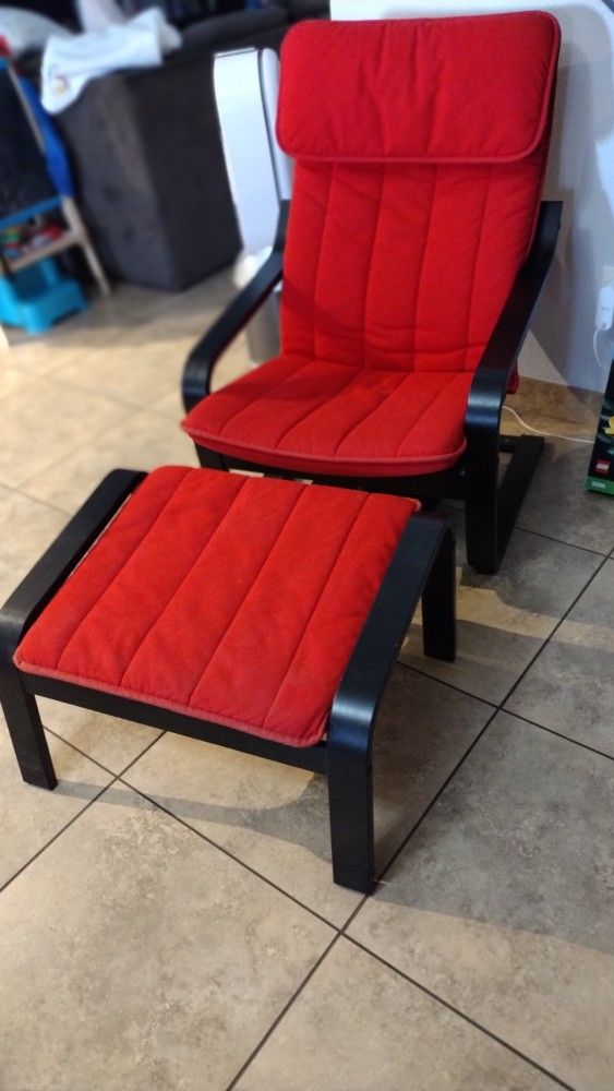 Red Ikea Poang Armchair And Ottoman