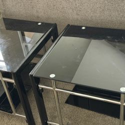 Modern Glass Top End Tables – Black Glass & Metal Frame – Set of 2