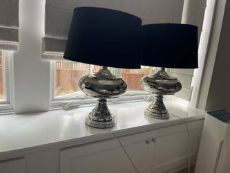 Pair of Contemporary Polished Nickel Table Lamps with Black Drum Shades