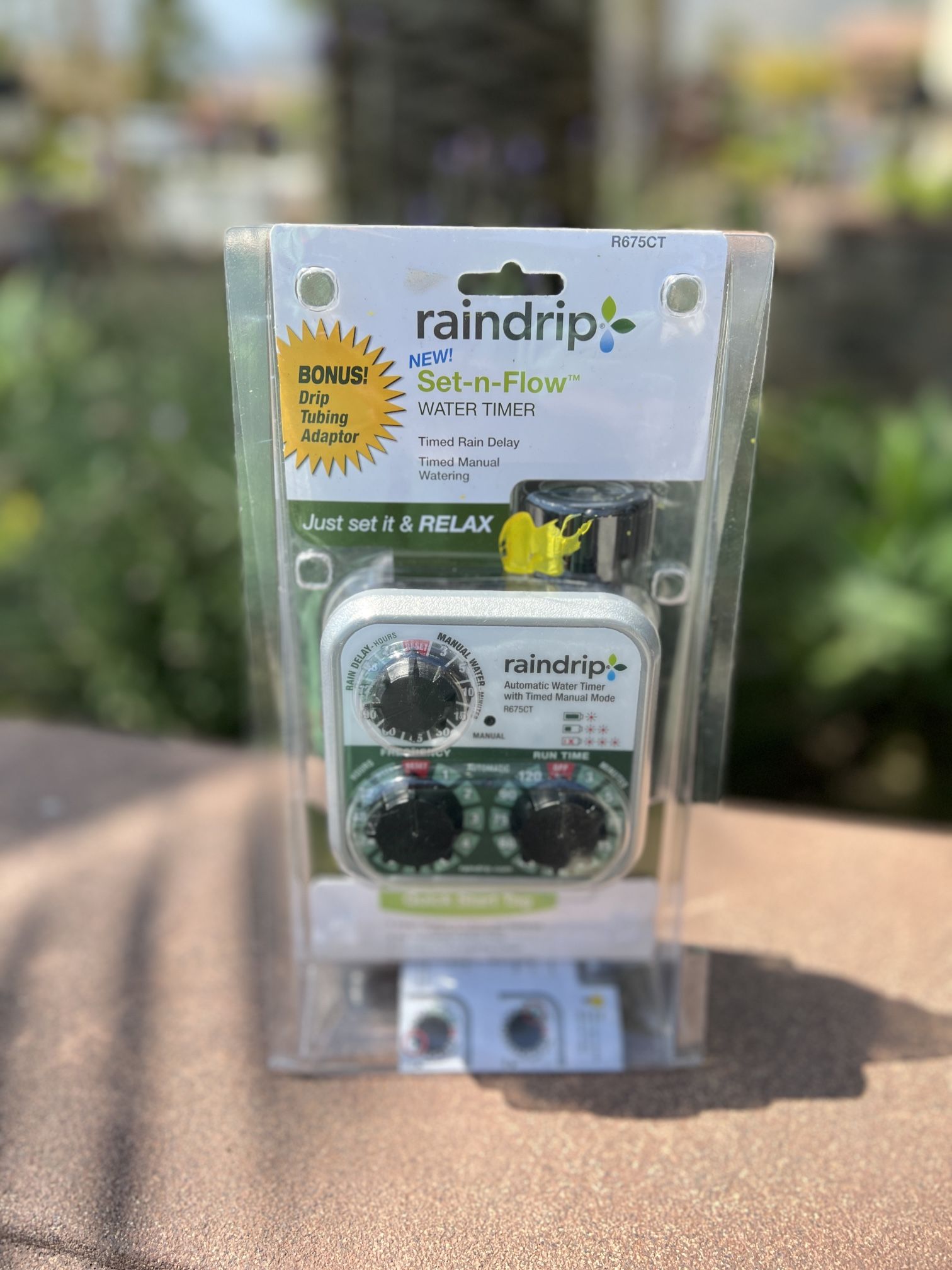 Raindrip R675CT Analog 3-Dial Water, Sprinkler Timer with Rain Delay for Drip Irrigation, Garden, Self-Watering