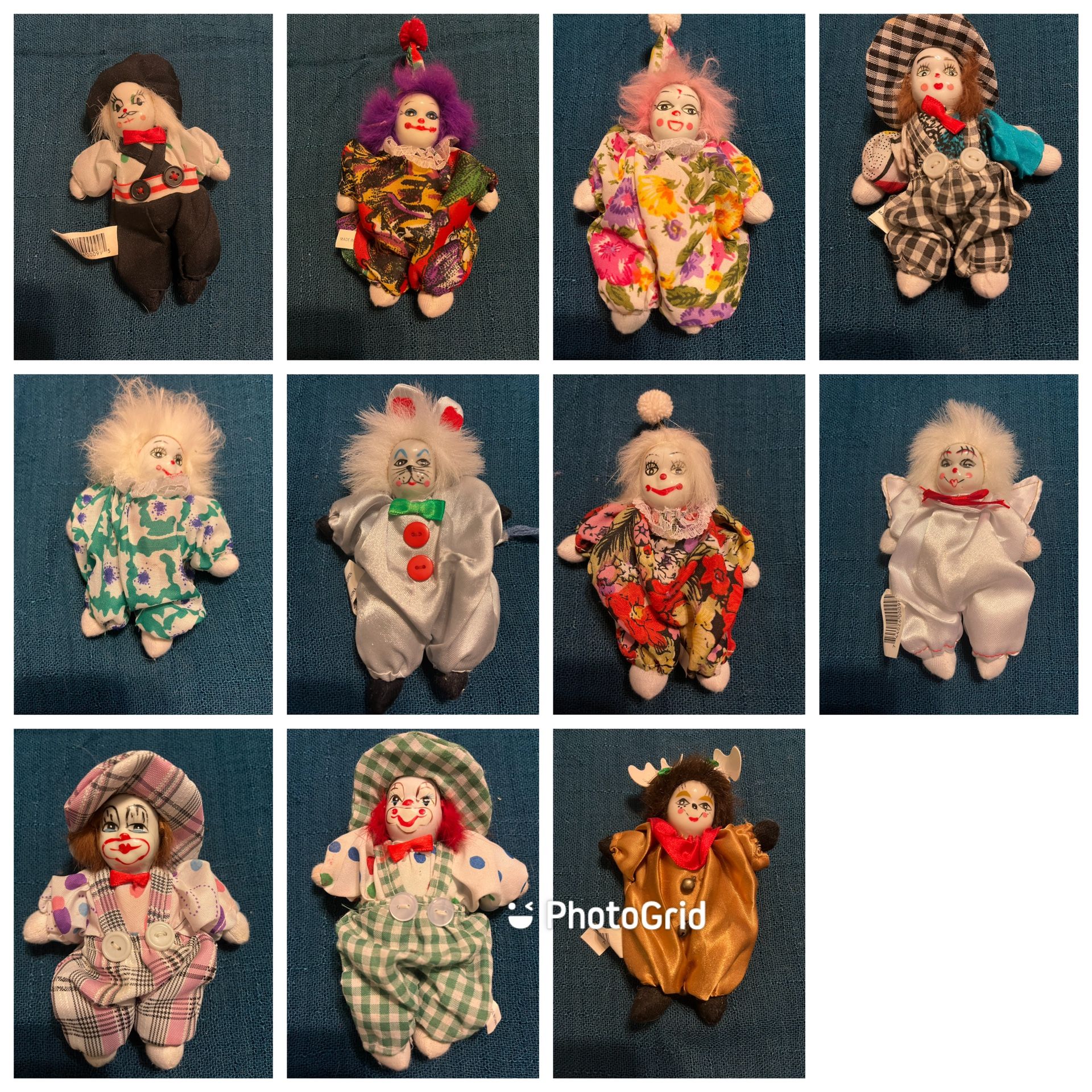 Vintage Hand Painted Porcelain Clown Dolls Set Of 11