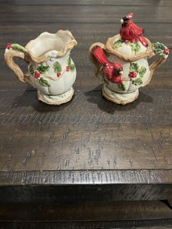 Vintage Kaldun & Bogle Christmas Cardinal ceramic creamer and sugar bowl set.