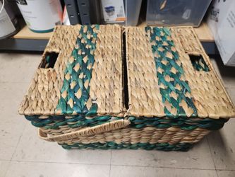 Vintage Woven Water Hyacinth Picnic Basket w/ Teal Accent & Folding Lids