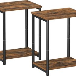 Set of 2 Side Tables with Storage Shelf, Slim Nightstands, Steel Frame, for Living Room, Study or Bedroom, Industrial, Rustic Brown and Black