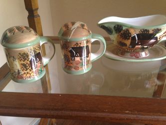 WCL vintage/antique thanksgiving /pumpkin,fall,farm,barn,scene.autumn salt,pepper,gravy bowl with attached plate