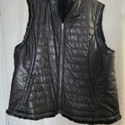 Black Faux Fur Puffer Vest, Women's Size Extra Large, Reversible Faux Fur Puffer Vest 