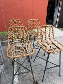 Rattan and Iron Bar Stools Set of 3