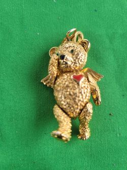 Gold Teddy Bear Pendant with Enamel Heart