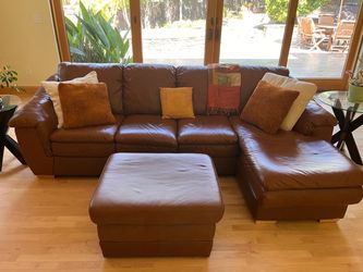 Brown Leather Sectional Sofa with Ottoman