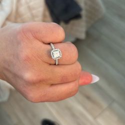 14 Karat Gold Engagement Ring One And A Half Princess cut center diamond with diamond halo and diamonds on the band halfway